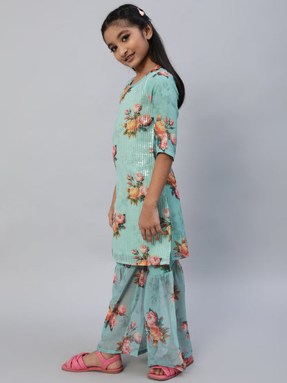 Girl's Sea Green Floral Print Kurta Sharara With Dupatta