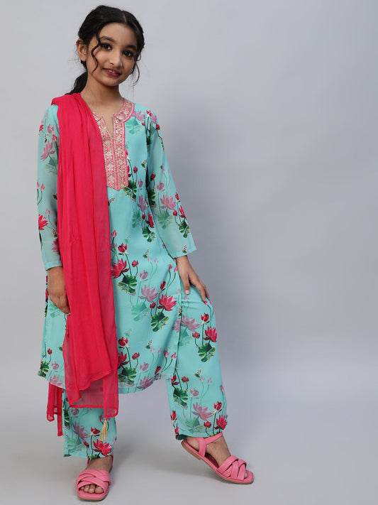 Girl's Blue Floral Print Kurta Palazzo With Dupatta