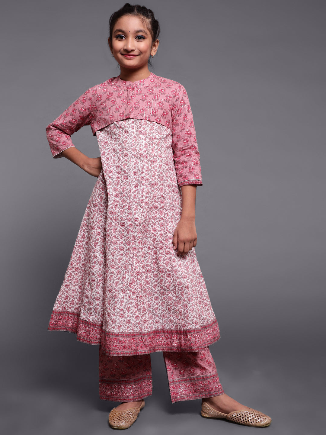 Girl's Mauve & White Floral Print Anakali Palazzo With Koti