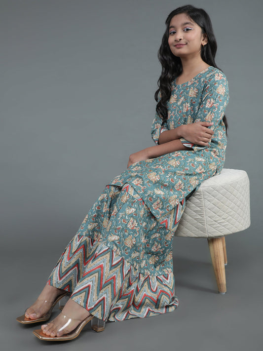 Girl's Grey Floral Print Kurta With Sharara