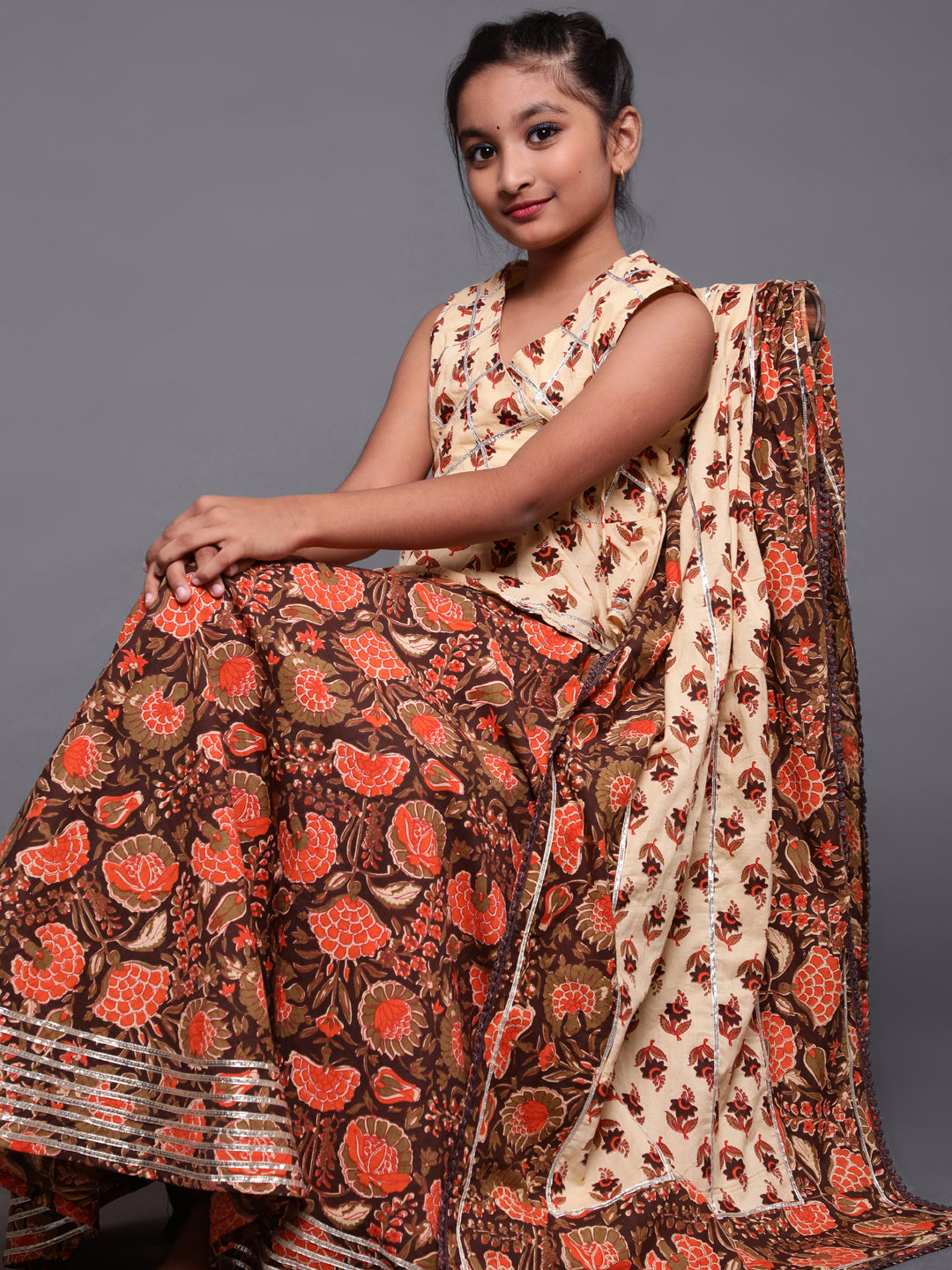 Girl's Brown & Cream Floral Print Lehenga Choli With Dupatta