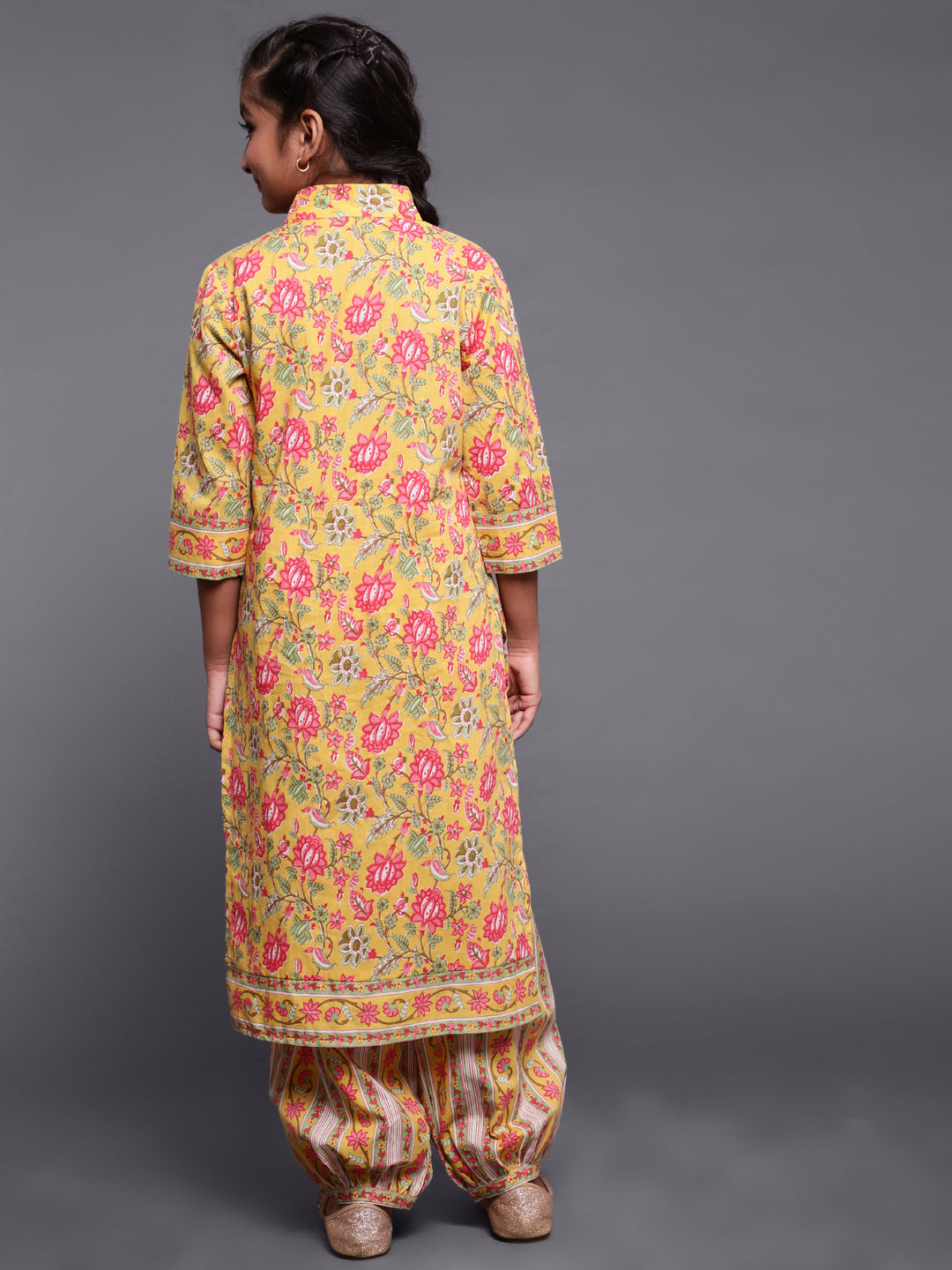 Girl's Yellow Floral Print Kurta With Balloon Palazzo