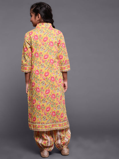 Girl's Yellow Floral Print Kurta With Balloon Palazzo