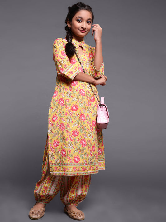 Girl's Yellow Floral Print Kurta With Balloon Palazzo