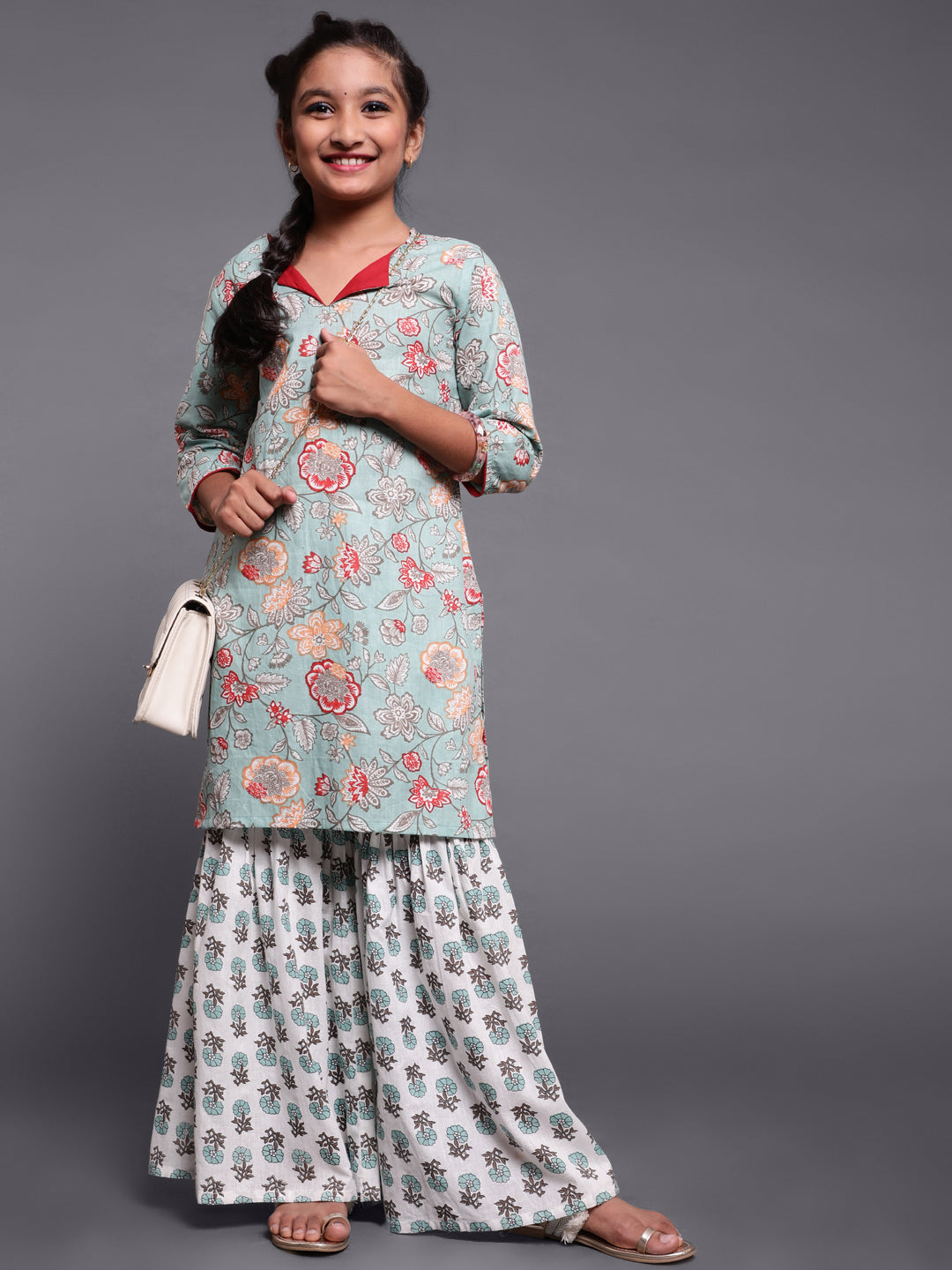 Girl's Pastel Green Floral Print Kurta With Sharara