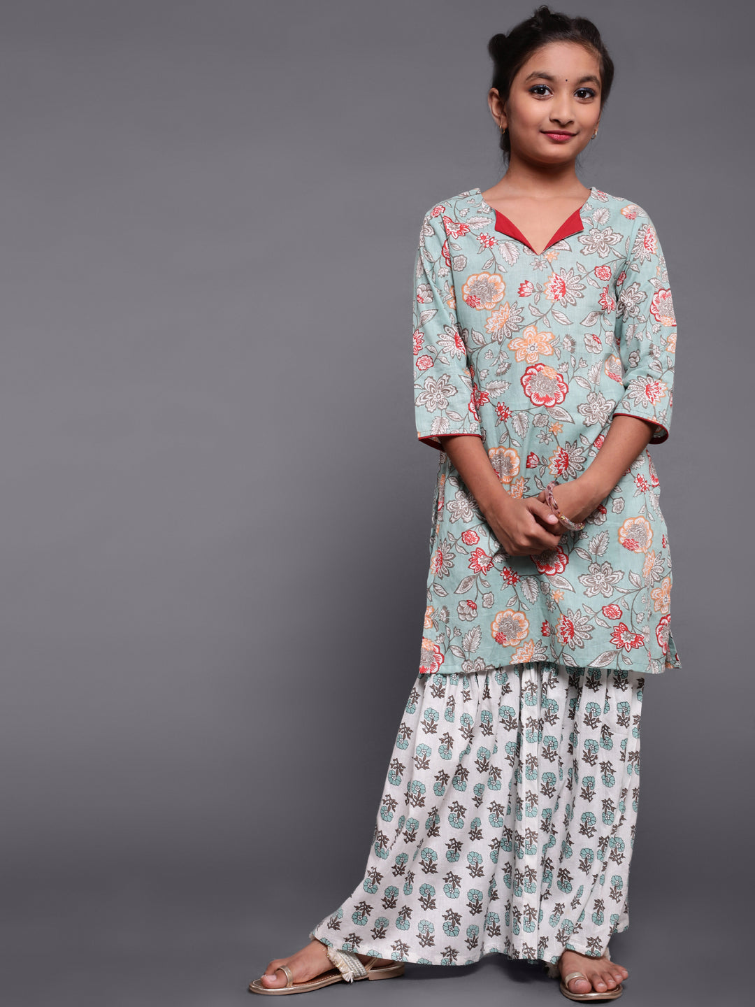 Girl's Pastel Green Floral Print Kurta With Sharara