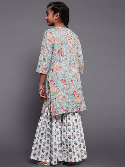 Girl's Pastel Green Floral Print Kurta With Sharara