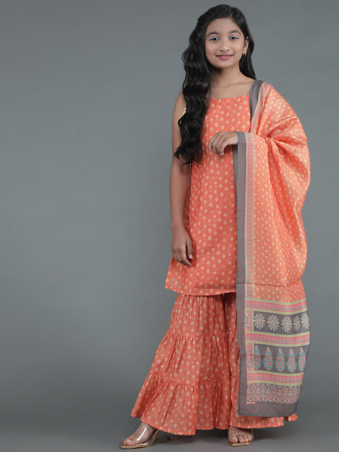 Girl's Orange Micro Print Kurta Sharara With Dupatta