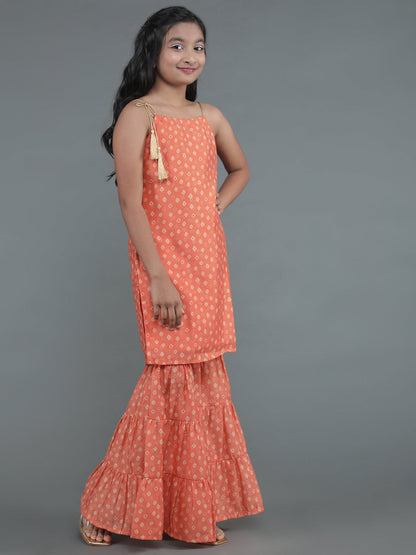 Girl's Orange Micro Print Kurta Sharara With Dupatta