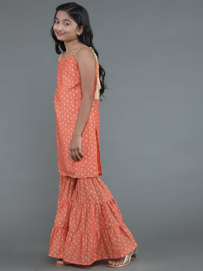 Girl's Orange Micro Print Kurta Sharara With Dupatta