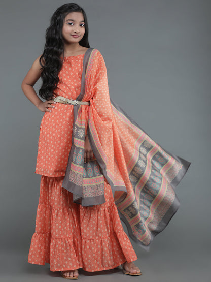 Girl's Orange Micro Print Kurta Sharara With Dupatta