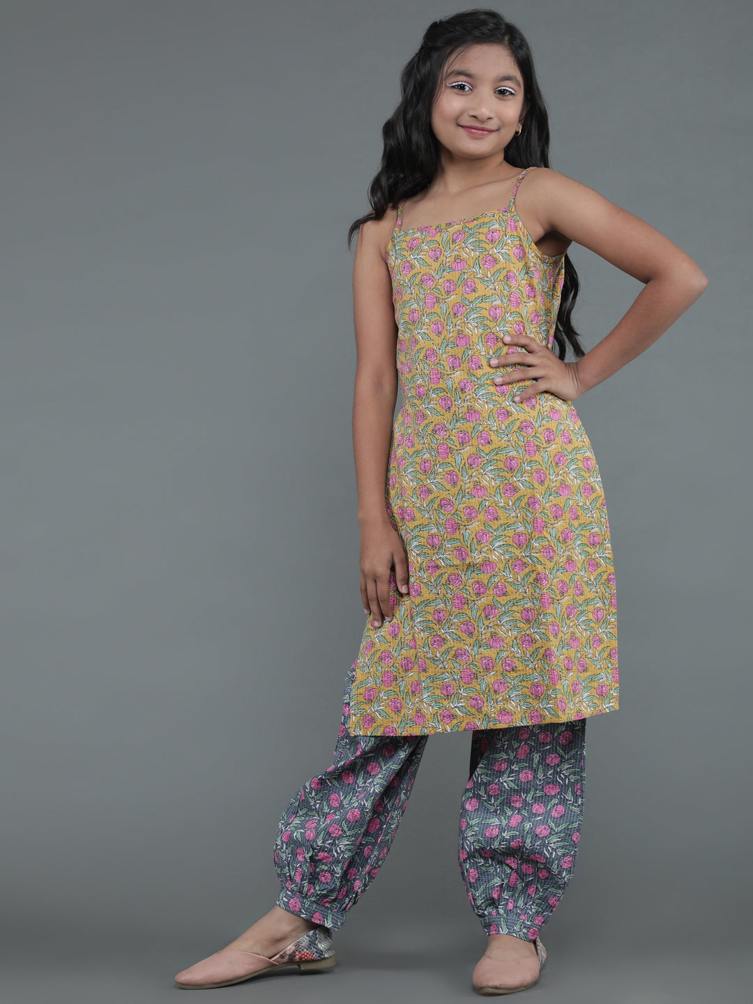 Girl's Mustard & Grey Floral Print Kurta With Balloon Palazzo