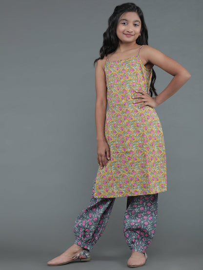 Girl's Mustard & Grey Floral Print Kurta With Balloon Palazzo