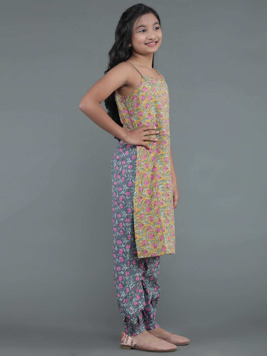 Girl's Mustard & Grey Floral Print Kurta With Balloon Palazzo