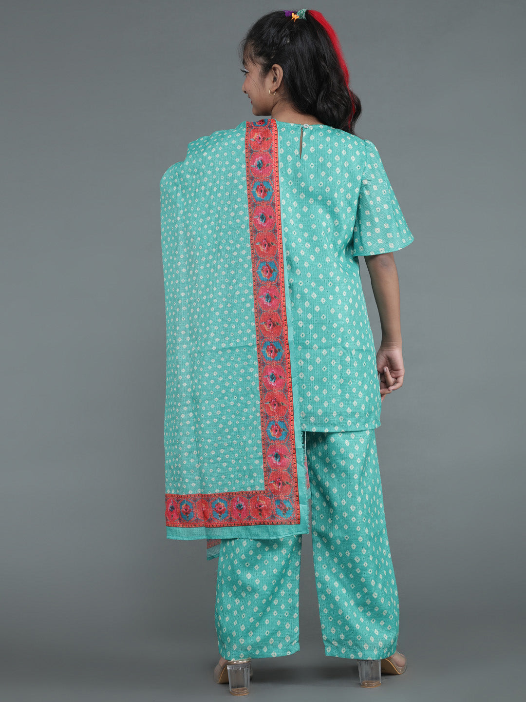 Girl's Green Geometric Print Kurta Palazzo With Dupatta