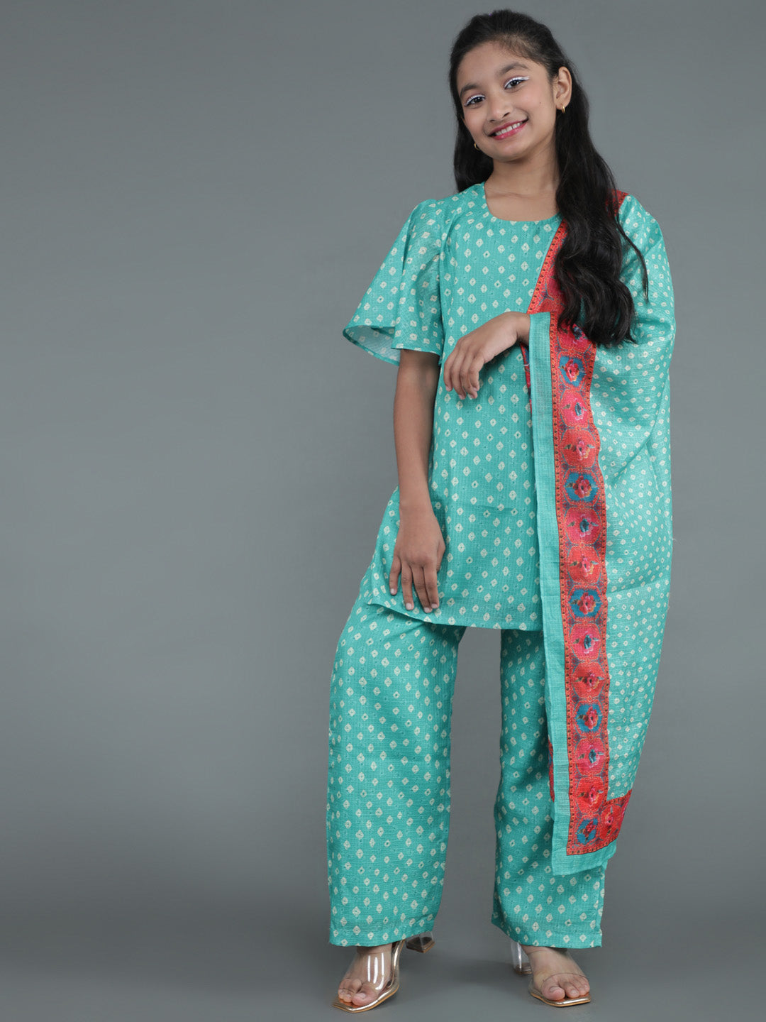 Girl's Green Geometric Print Kurta Palazzo With Dupatta