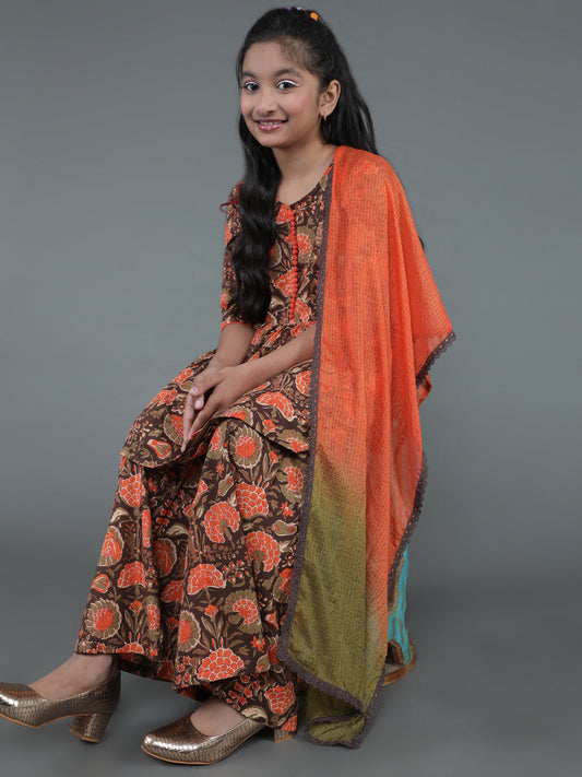 Girl's Brown Floral Print Kurta Sharara With Dupatta