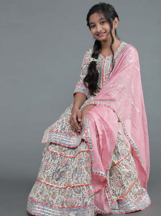 Girl's Cream Floral Print Kurta Skirt With Dupatta