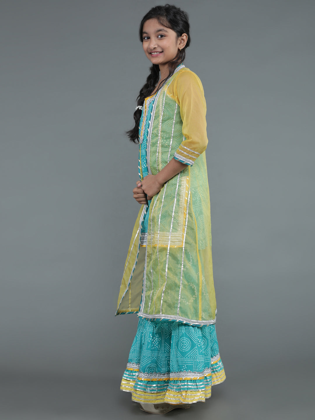 Girl's Green Bandhani Print Kurta Sharara & Jacket With Potli Bag