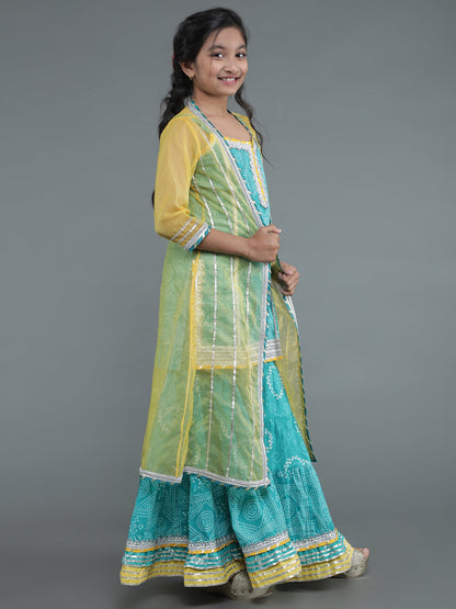 Girl's Green Bandhani Print Kurta Sharara & Jacket With Potli Bag