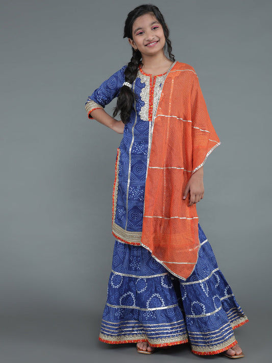 Girl's Navy Blue Bandhani Print Kurta Sharara With Dupatta