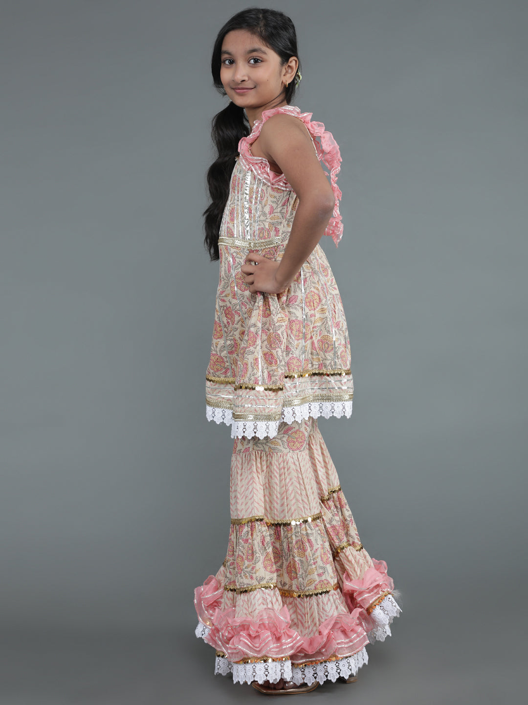 Girl's Cream Floral Print Kurta Sharara With Dupatta