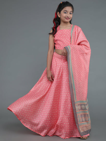 Girl's Pink Bandhani Print Lehenga Choli With Dupatta