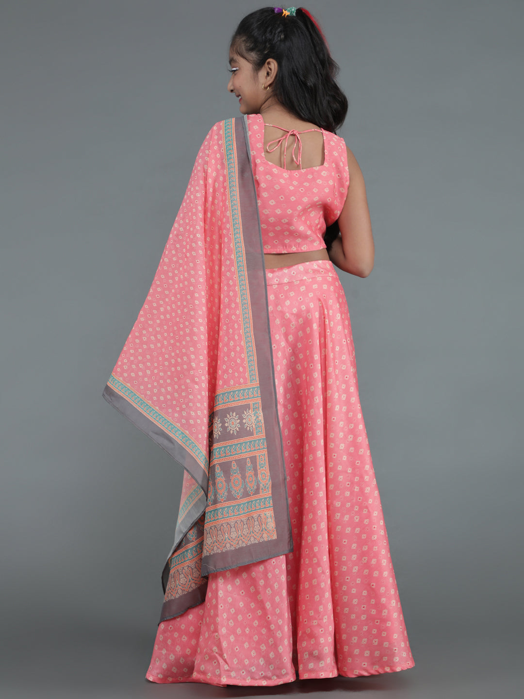 Girl's Pink Bandhani Print Lehenga Choli With Dupatta