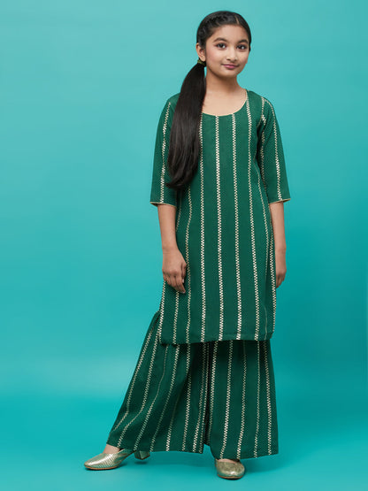 Girl's Green Striped Kurta With Sharara