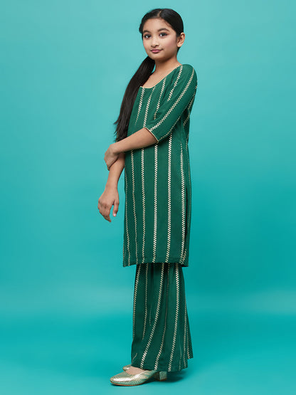 Girl's Green Striped Kurta With Sharara