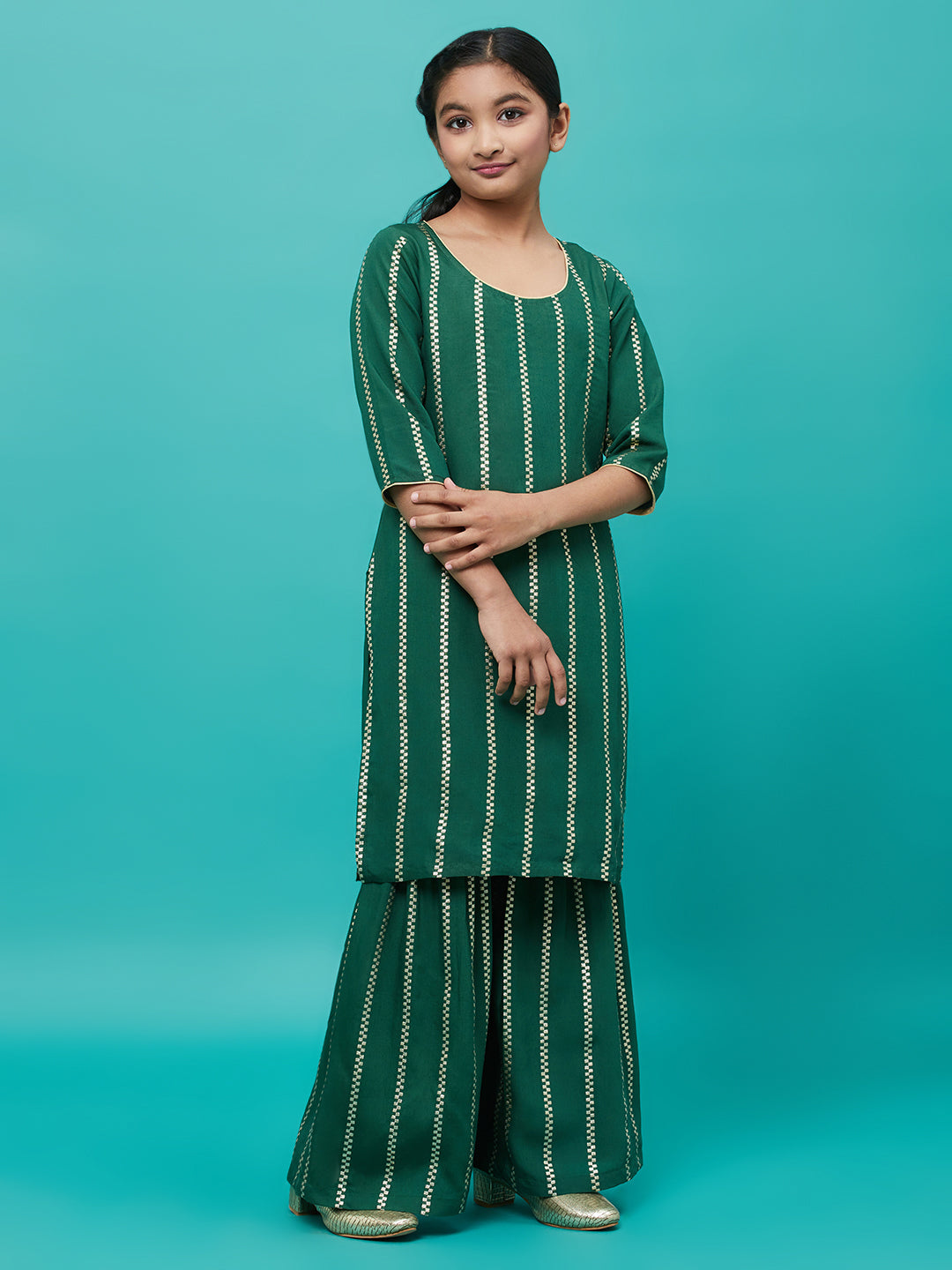 Girl's Green Striped Kurta With Sharara