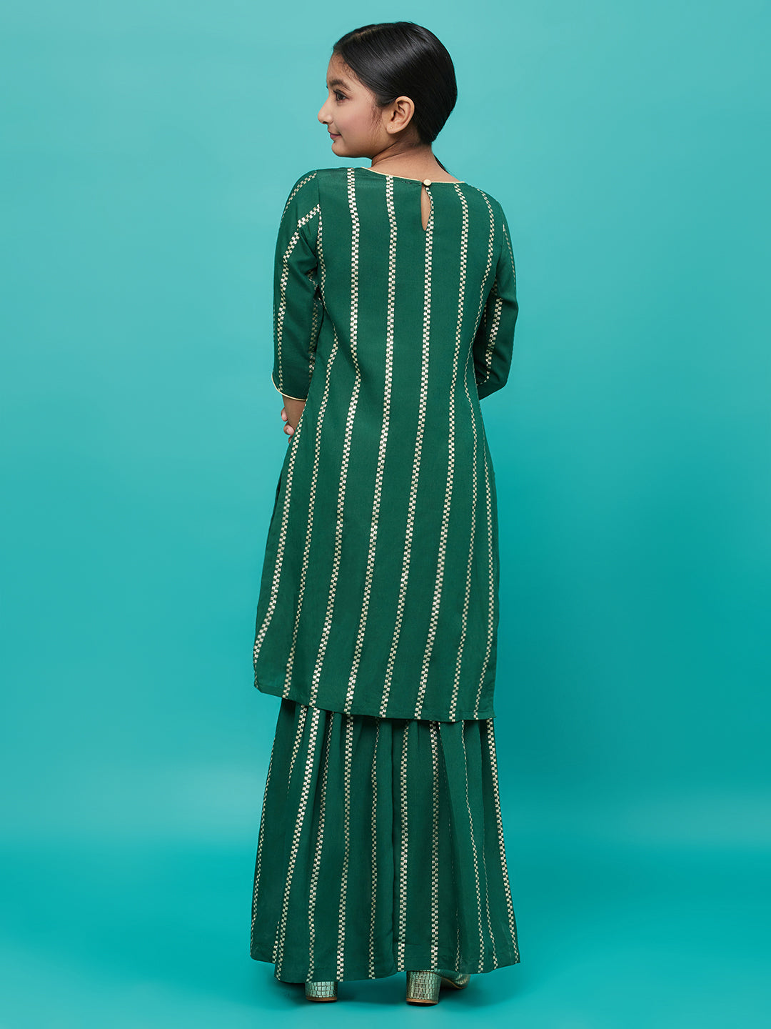 Girl's Green Striped Kurta With Sharara