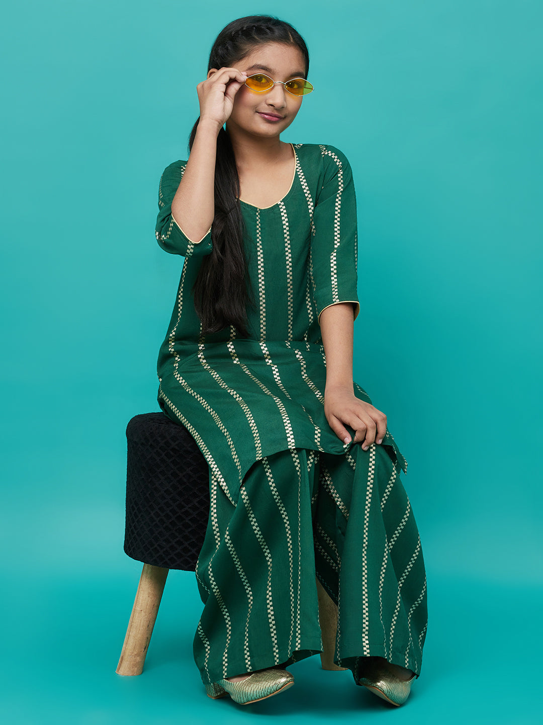 Girl's Green Striped Kurta With Sharara