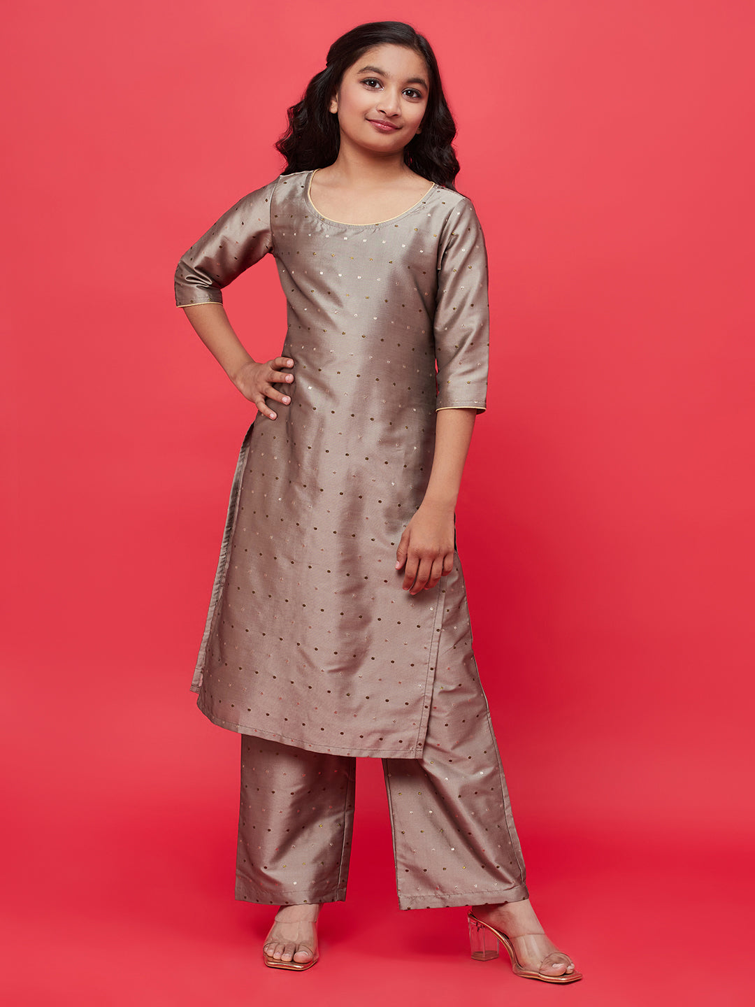 Girl's Grey Gold Butti Kurta With Palazzo