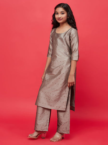 Girl's Grey Gold Butti Kurta With Palazzo