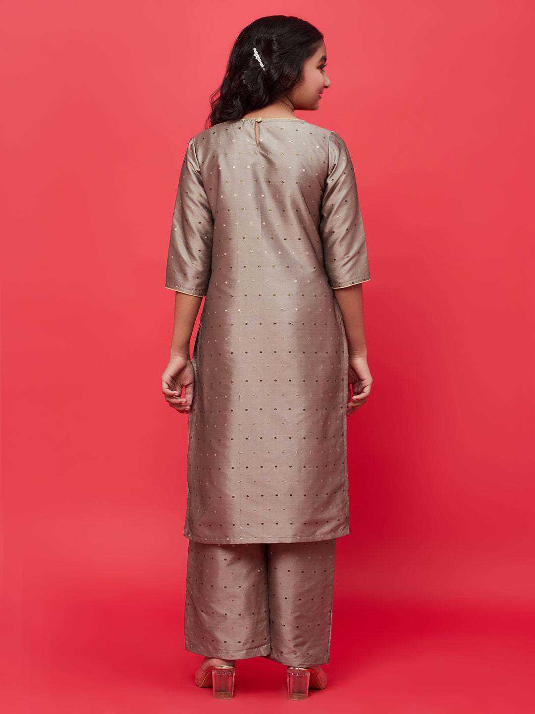 Girl's Grey Gold Butti Kurta With Palazzo