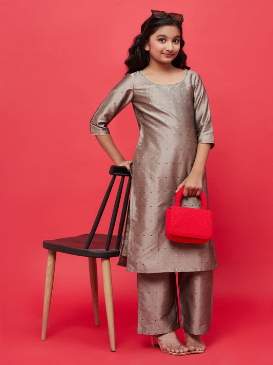 Girl's Grey Gold Butti Kurta With Palazzo