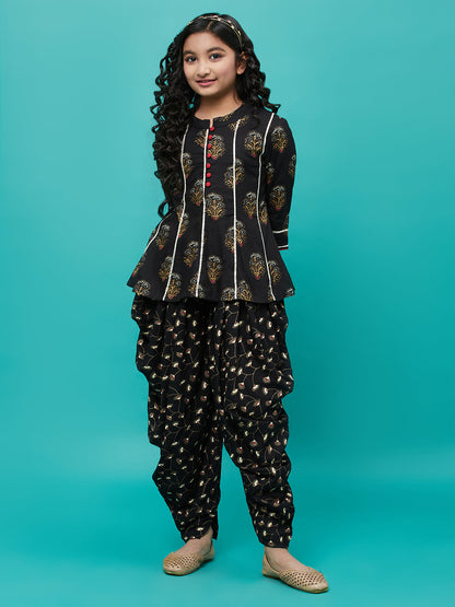 Girl's Black Floral Print Short Kurta With Dhoti Salwar