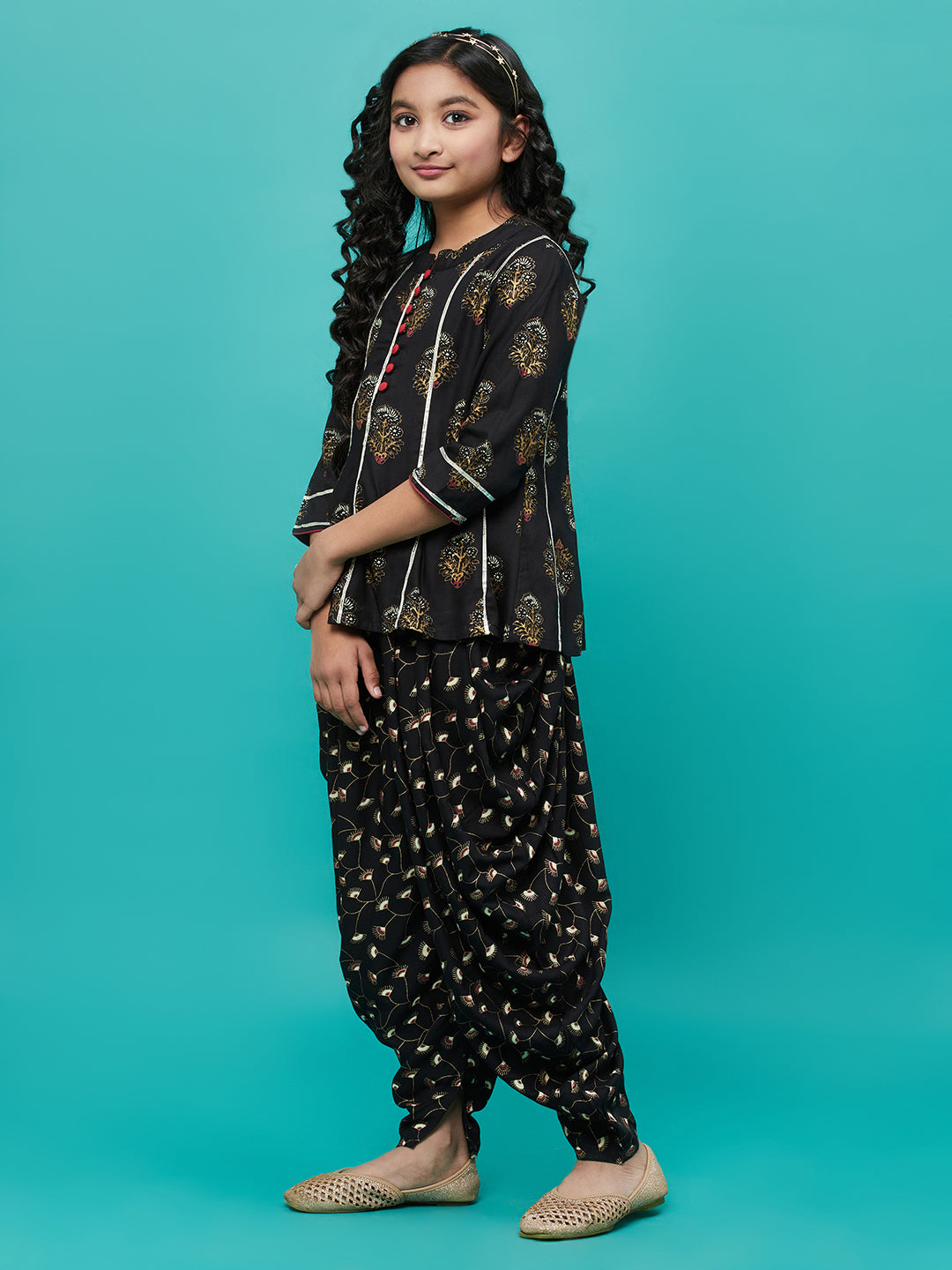 Girl's Black Floral Print Short Kurta With Dhoti Salwar