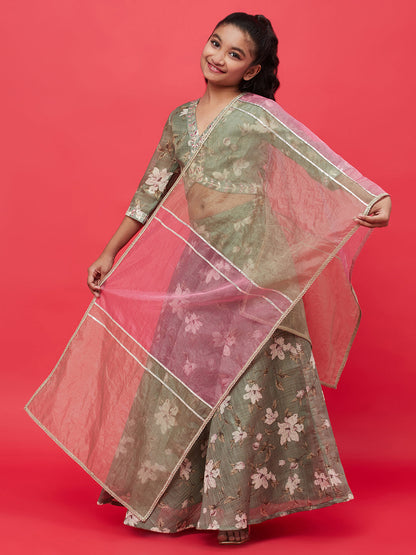 Girl's Pastel Green Floral Print Lehenga Choli With Dupatta