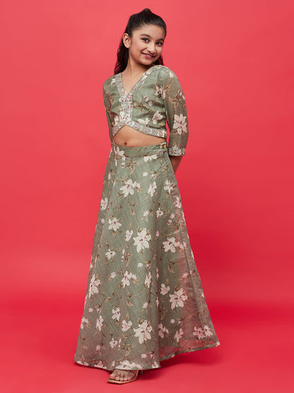 Girl's Pastel Green Floral Print Lehenga Choli With Dupatta