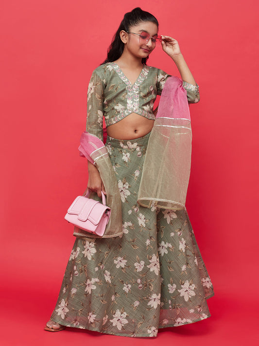 Girl's Pastel Green Floral Print Lehenga Choli With Dupatta