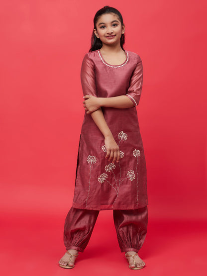 Girl's Brown Embroidered Kurta With Balloon Pant