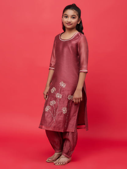 Girl's Brown Embroidered Kurta With Balloon Pant