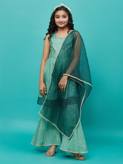 Girl's Green Sequin Kurta Sharara With Dupatta