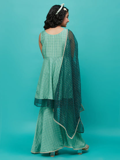 Girl's Green Sequin Kurta Sharara With Dupatta