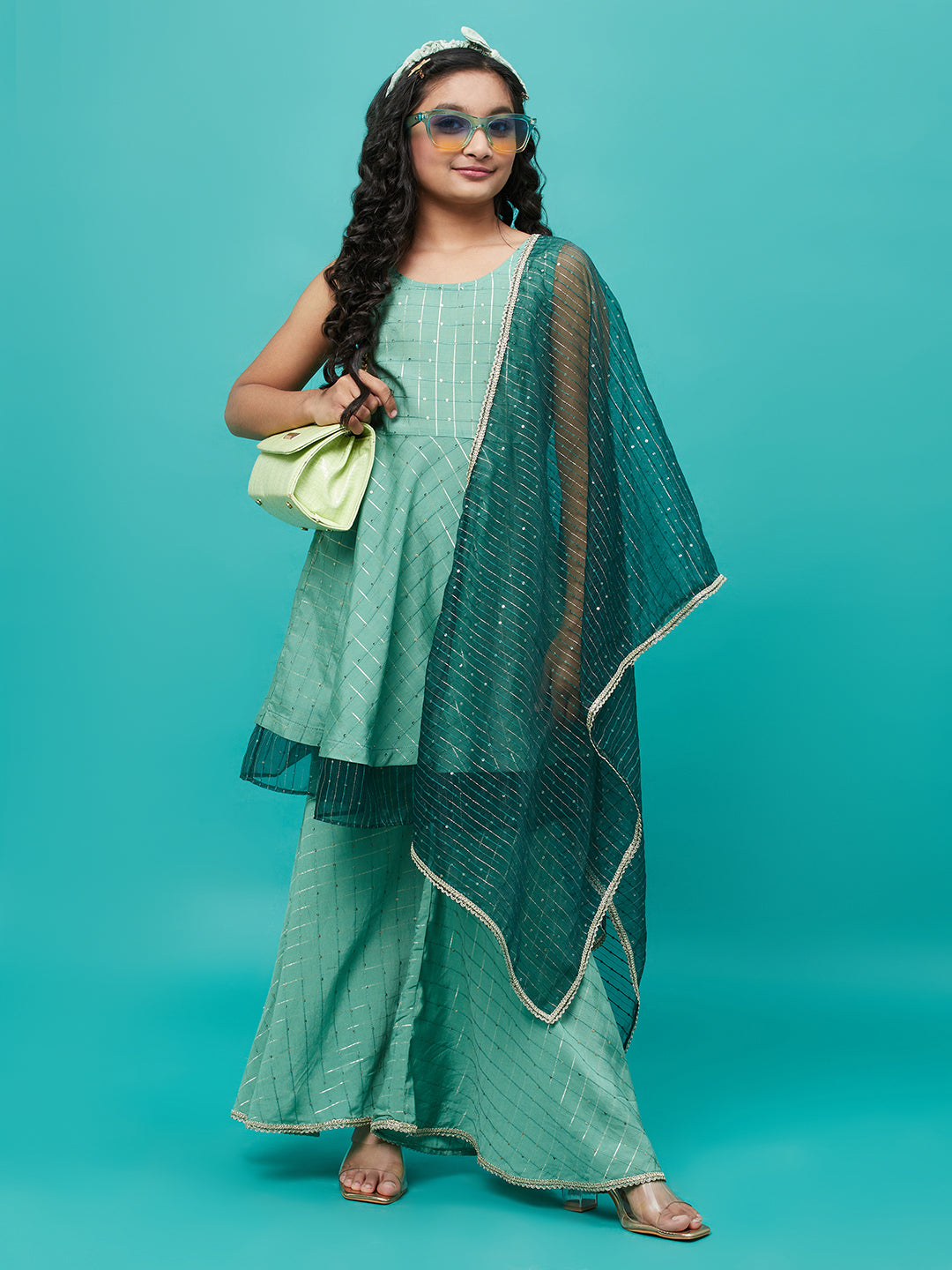 Girl's Green Sequin Kurta Sharara With Dupatta