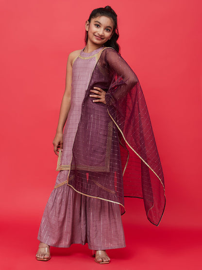 Girl's Brown Sequin Kurta Sharara With Dupatta