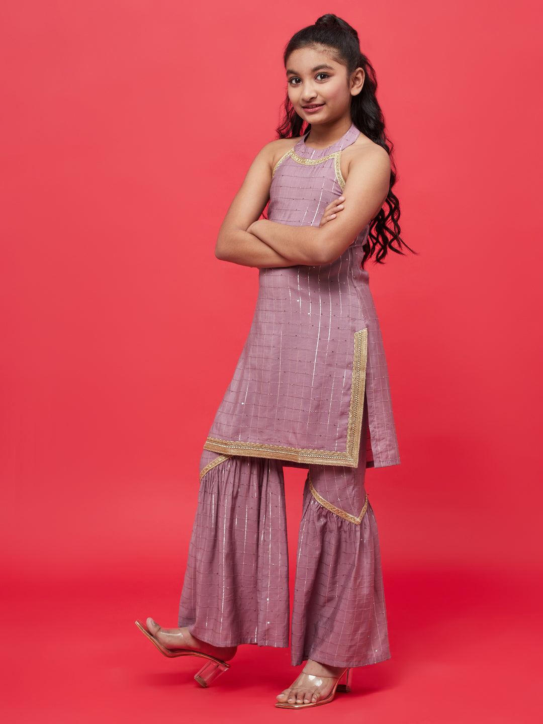 Girl's Brown Sequin Kurta Sharara With Dupatta