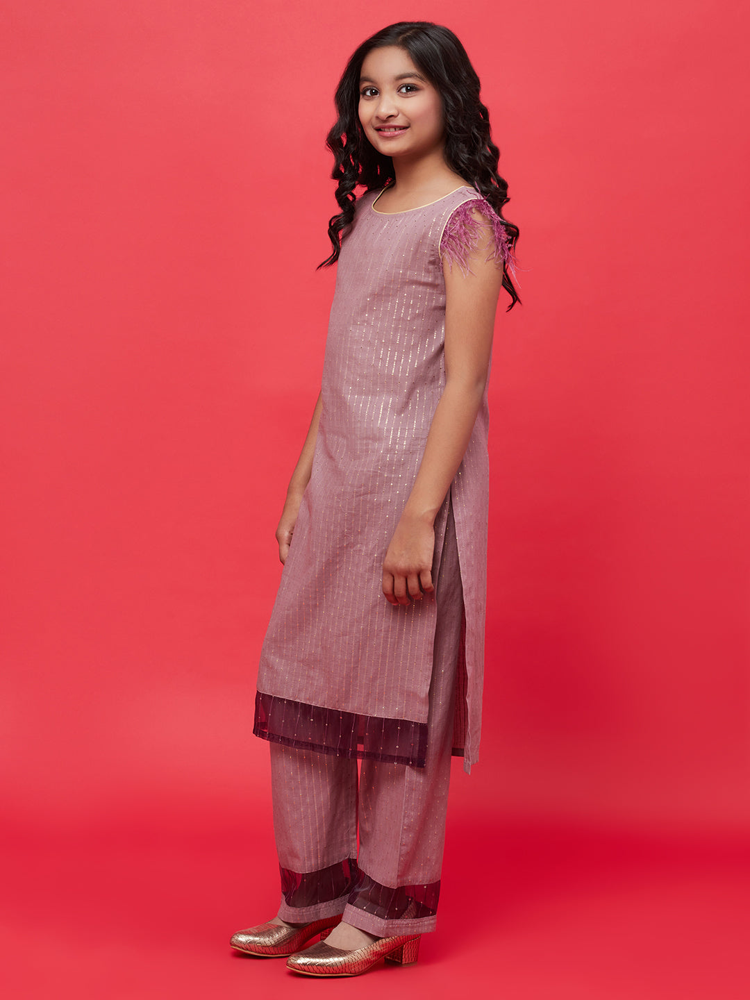 Girl's Brown Kurta Palazzo With Sequin Dupatta